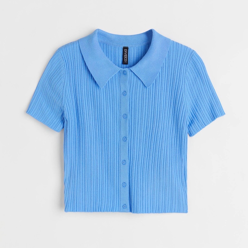 Collared ribbed light blue top H&M